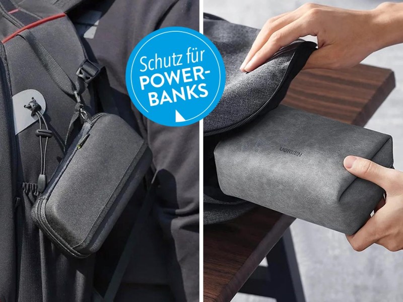Zwei Taschen für Power Banks auf einem zweigeteiltem Bild