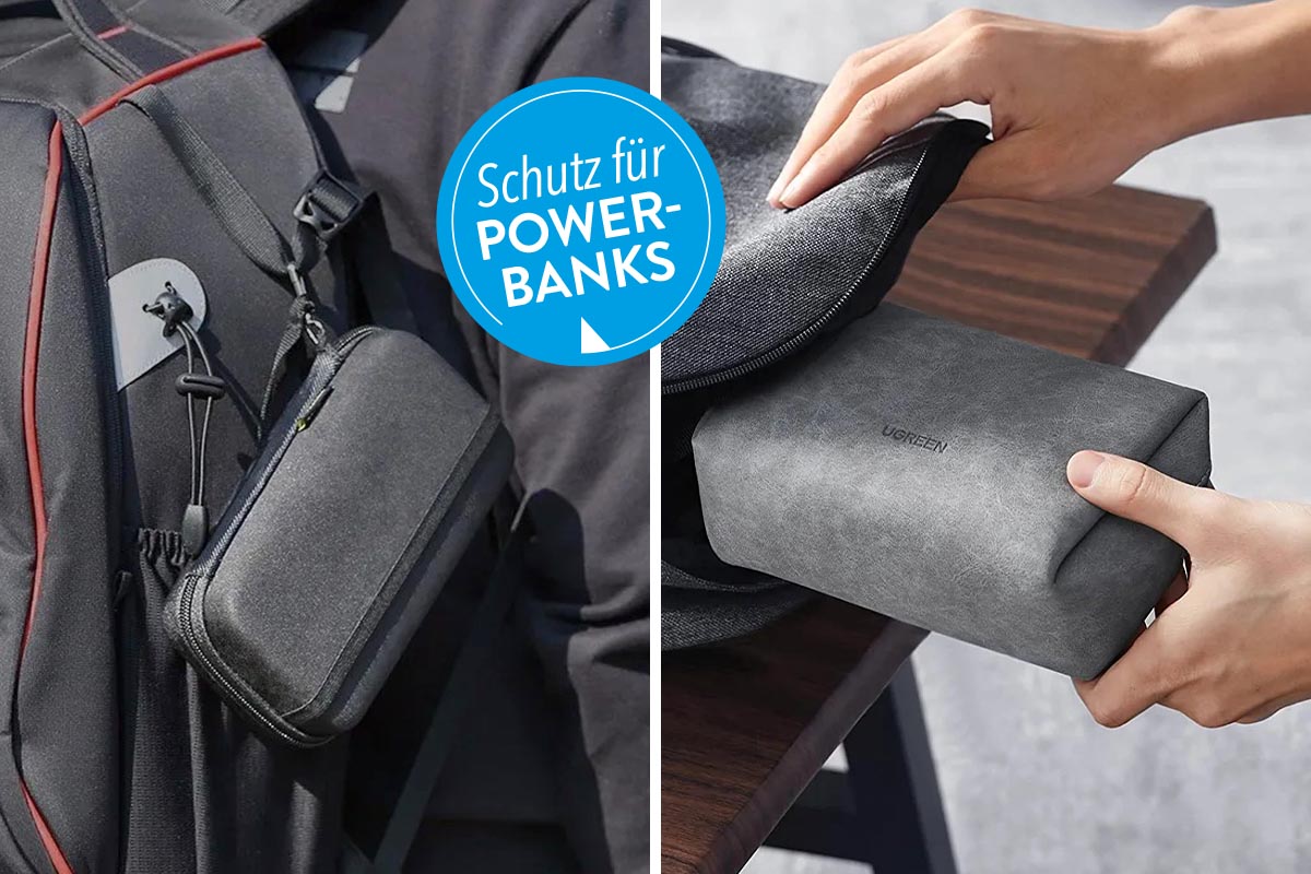 Zwei Taschen für Power Banks auf einem zweigeteiltem Bild