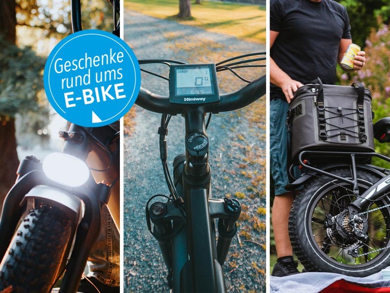 Ein dreigeteiltes Bild mit einem Fahrradlicht, einem Radcomputer und einer Gepäcktasche