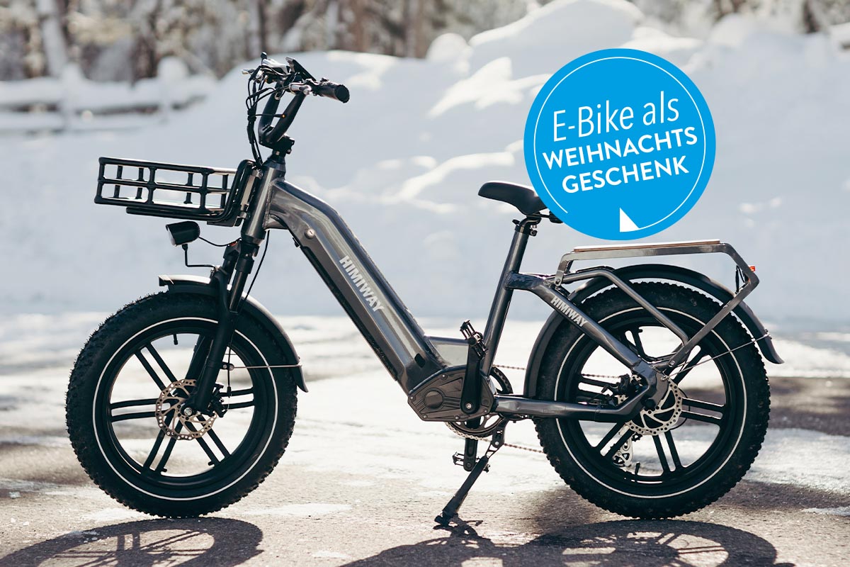 E-Bike auf einer asphaltierten Straße. Im Hintergrund Schnee