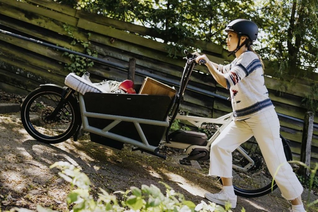 Frau schiebt E-Lastenrad einen Berg hoch.