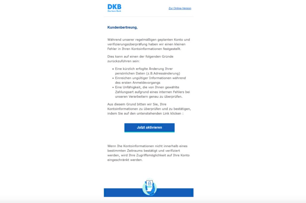 Ein Screenshot zeigt eine Phishing-Mail an die Kundschaft der DKB.