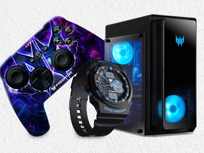Acer Predator Orion 5000 und weitere Zocker-Artikel von Acer vor rot blauem Hintergrund
