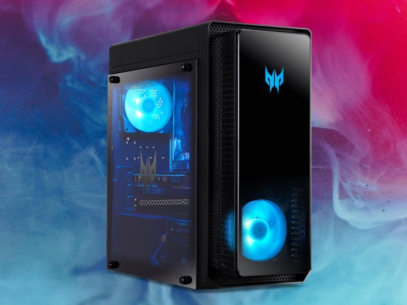 Acer Predator Orion 5000 vor schwarz-rotem Hintergrund