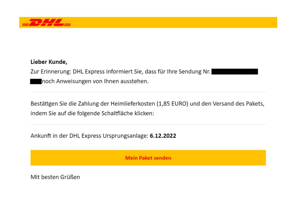 Screenshot der Phishing-Mail von DHL.