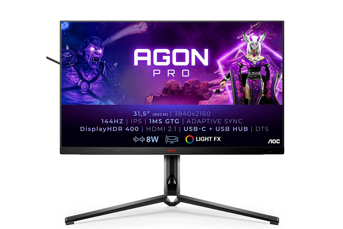 Frontalansicht des Gaming-Monitors AOC AGON AG324UX mit technischen Daten.