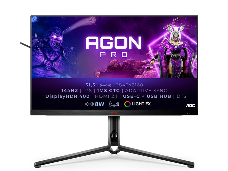 Frontalansicht des Gaming-Monitors AOC AGON AG324UX mit technischen Daten.