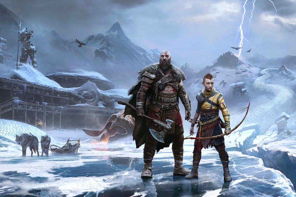 Screenshot God of War Computerspiel Mann und Junge vor Eislandschaft