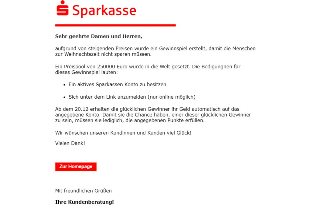 Screenshot einer Phishing Mail, angeblich von der Sparkasse