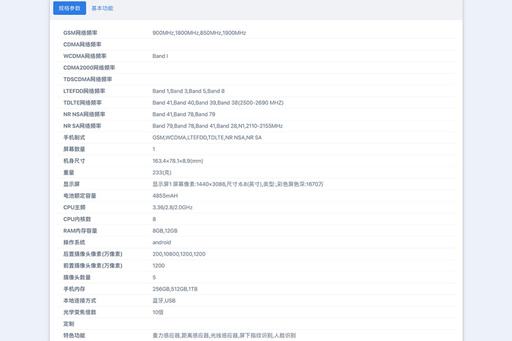 Auszug eines Datenblatts zum Samsung Galaxy S23 Ultra von der Webseite der chinesischen Zertifizierungsbehörde TENAA.