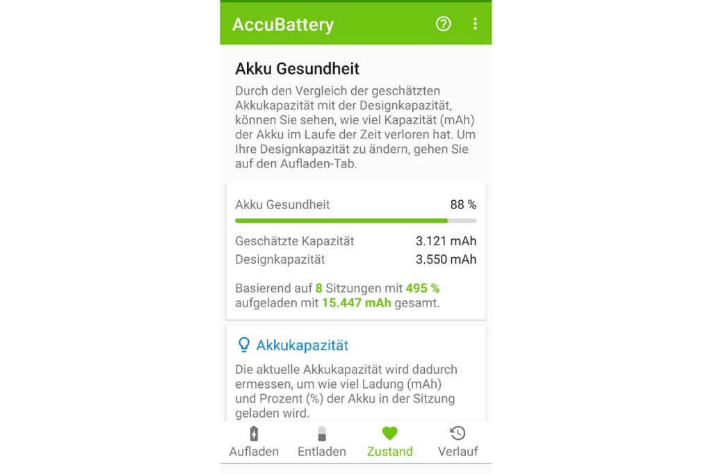 Screenshot App AccuBatterie über Kapazität des handys
