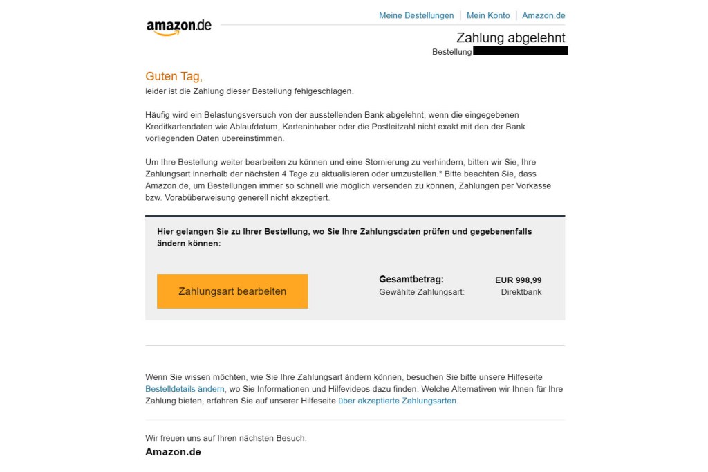 In einer Phishing-Mail fordern Kriminelle Amazon-Kunden zur Herausgabe ihrer Zahlungsinformationen auf.