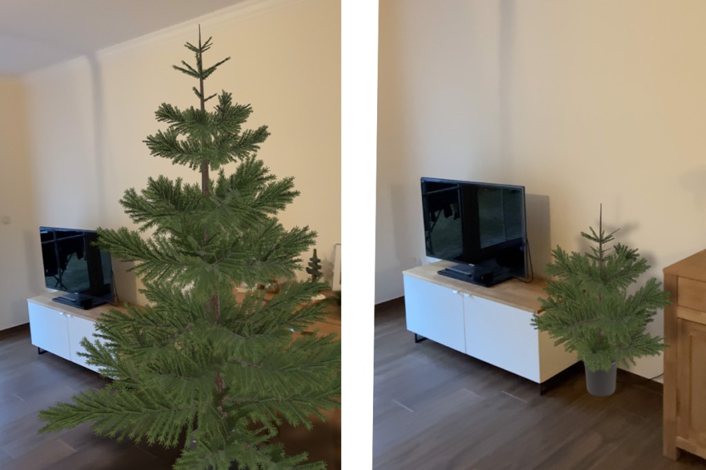 Zwei Bilder nebeneinander: Beide zeige einen Tannenbaum im Wohnzimmer, einmal ein kleiner baum und zum vergleich ein großer baum