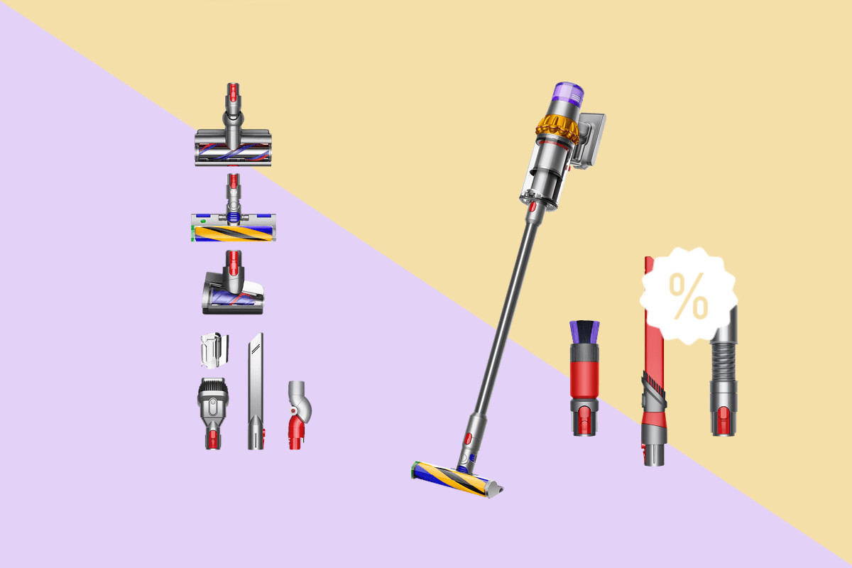 Dyson V15 Detect Absolute aufgestellt, daneben rechts und links verschiedenes Zubehör auf lila gelben Hintergrund mit weißem Prozentzeichen rechts unten