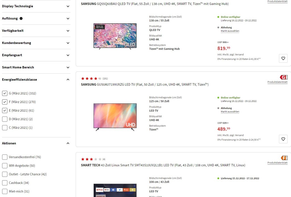 Screenshot Shop Seite mit zwei TV angeboten und Energieklassen-Filter links