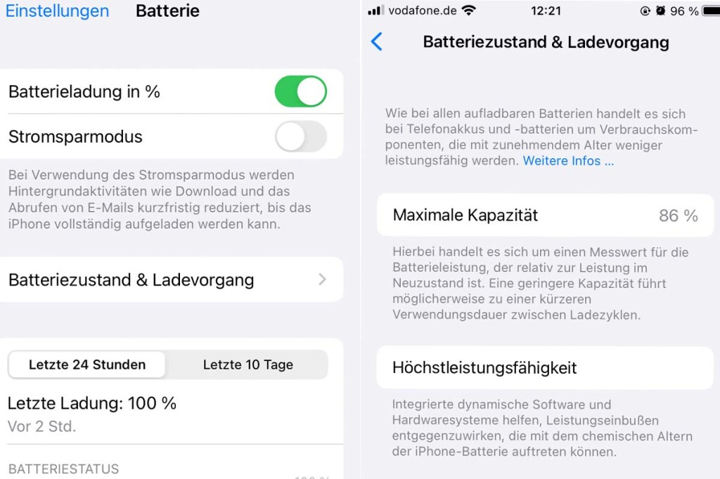 Screenshot iphone Einstellungen Akkukapazität