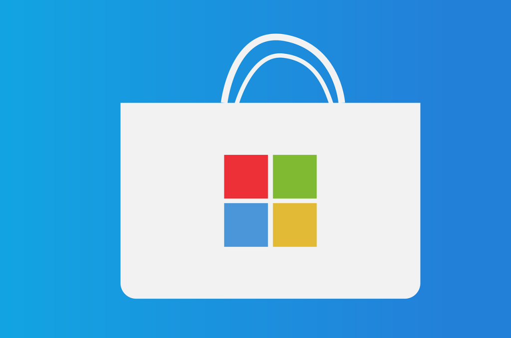 Eine weiße, stilisierte Einkaufstasche mit Microsoft-Logo auf blauem Grund.