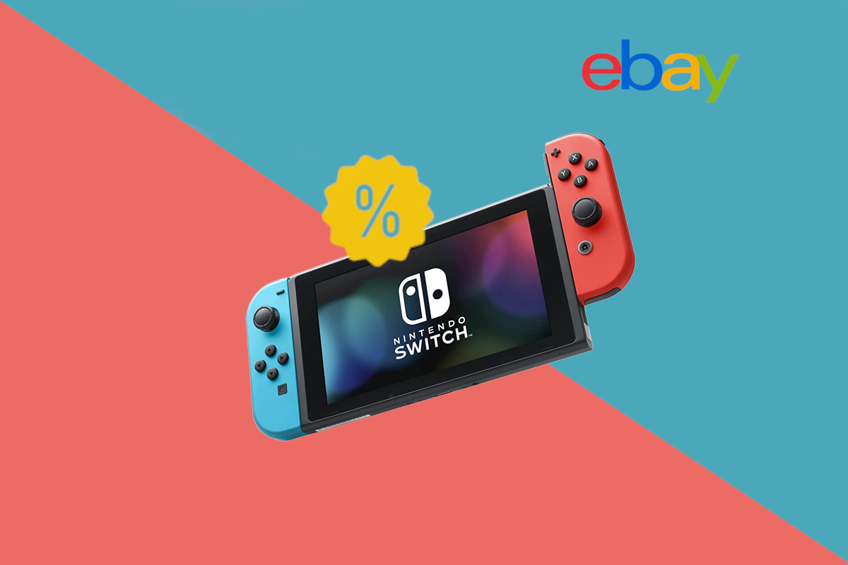 Nintendo Switch schräg schwebend vor blau rotem Hintergrund mit gelben Prozentzeichen mittig und eBay-Logo rechts oben