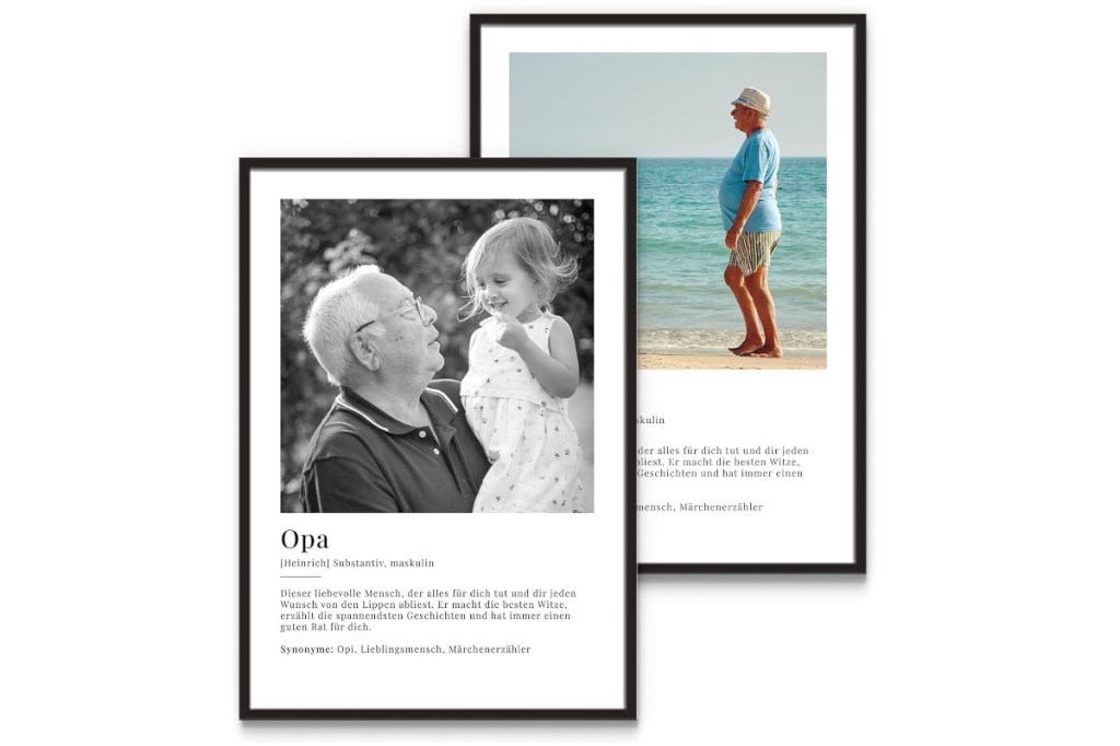 Zwei schwarze Rahmen versetzt leicht überlappend mit einem Schwarz weiß Foto von einem alten Mann mit kleinem Mädchen auf dem Arm und einem farbfoto von altem Mann in Shirt und Shorts am Strand auf weißem Hintergrund