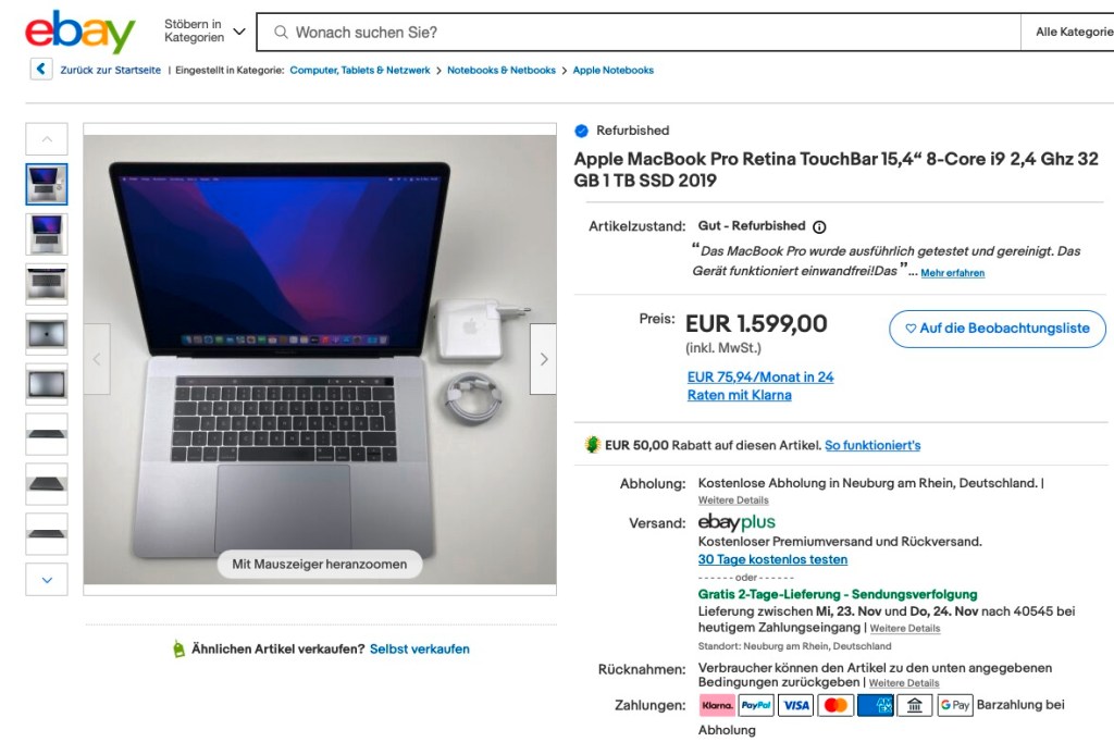 A screenshot of the MacBook Pro (2019) sales page from the restore on eBay.