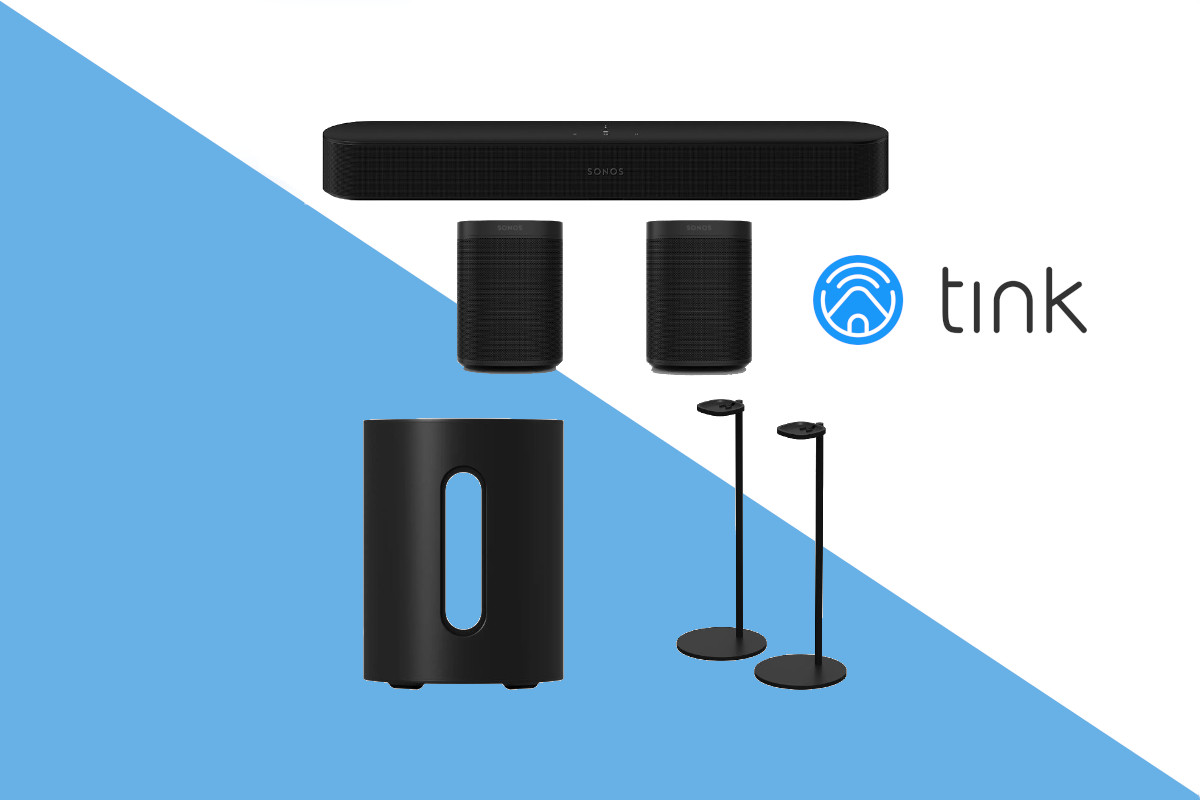 Schwarze lautsprecher, Soundbar und Zuebehör von Sonos auf blau weißem Hintergrund mit tink Logo rechts mittig