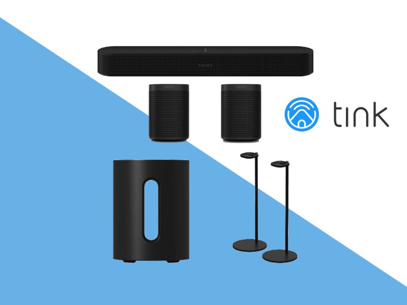 Schwarze lautsprecher, Soundbar und Zuebehör von Sonos auf blau weißem Hintergrund mit tink Logo rechts mittig