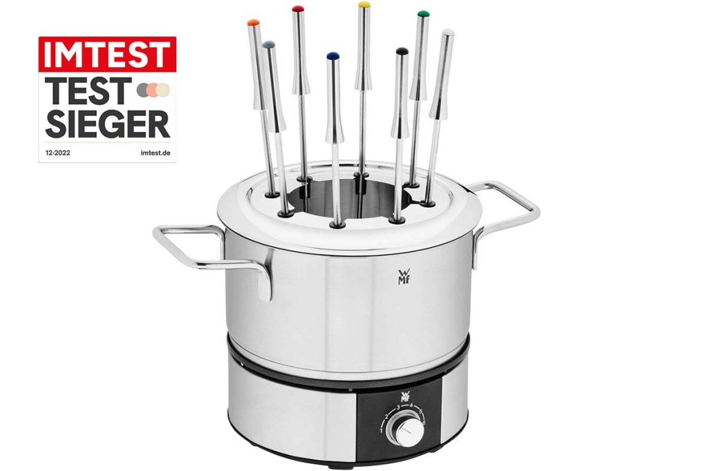 Productshot silbernes Fondueset mit acht Gabeln, dazu Testsieger Grafik