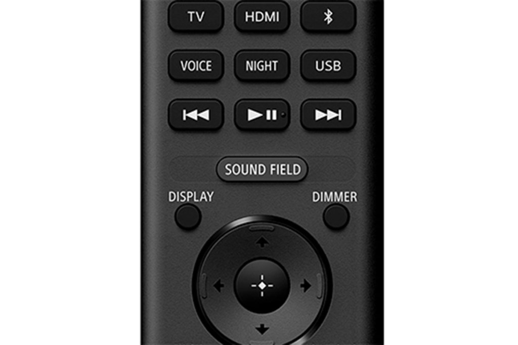 Detailaufnahme der Fernbedienung für die Sony-Soundbar HT-A5000 mit Tasten zum Vor- oder zurückspuelen, für eine Bluetoothverbindung und eimem Bedienkrank für Laut und Leise.