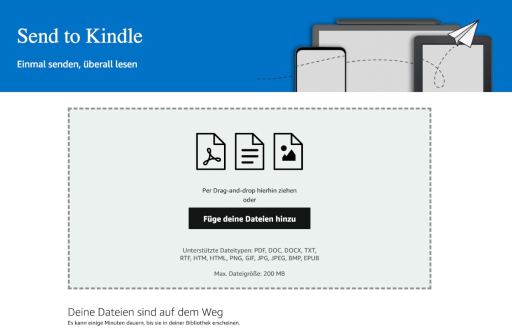 Screenshot blau grauer Kasten mit Send to Kindle Menü