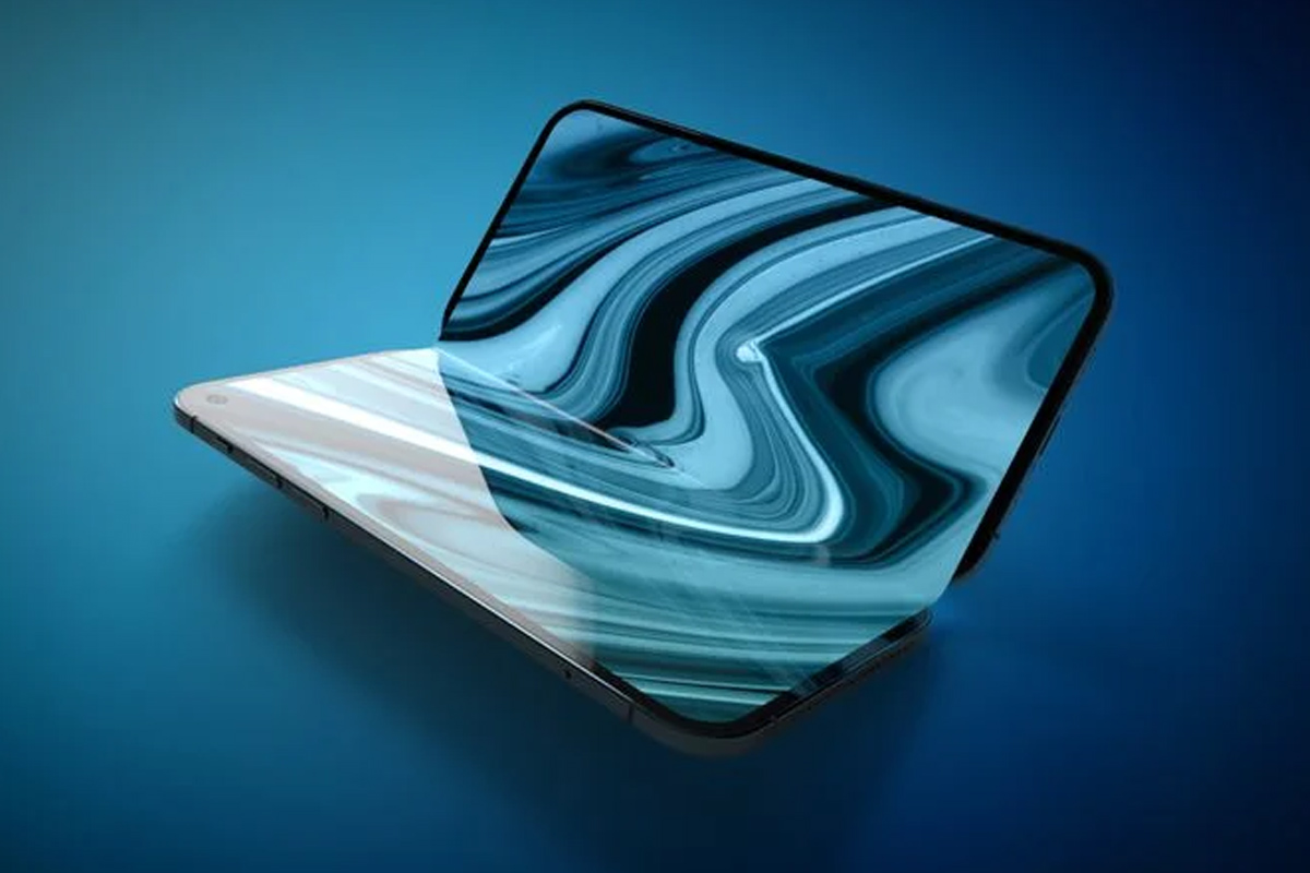 Produktbild eines faltbaren iPads vor blauem Hintergrund.