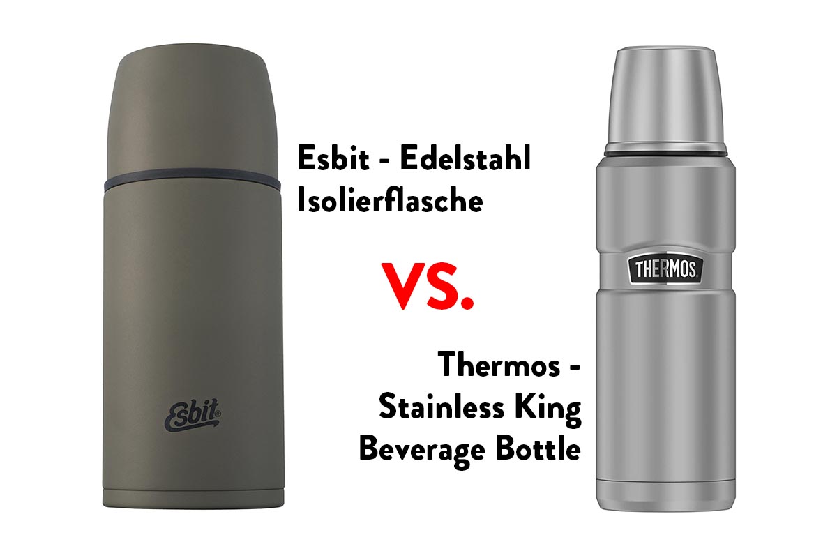 Graue und glänzende Isolierflaschen dazwischen schwarze Schrift mit Produktnamen