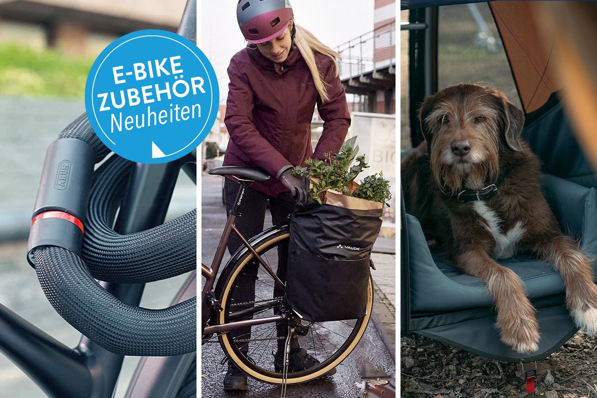 Verschiedenes Zubehör fürs E-Bike in einem dreigeteiltem Bild