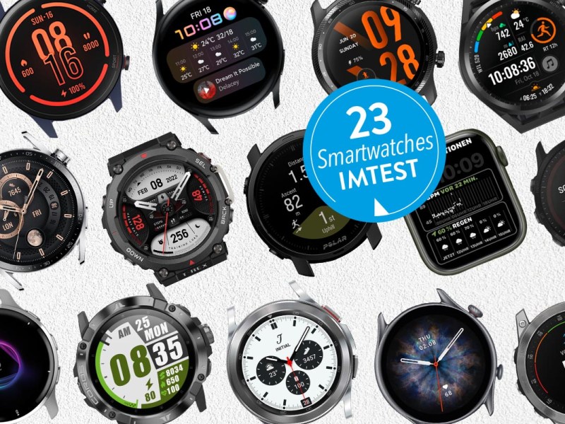 Drei Reihen verschiedenster Ssmartwatch-Gehäuse und blauer Button "23 Smartwatches IMTEST"