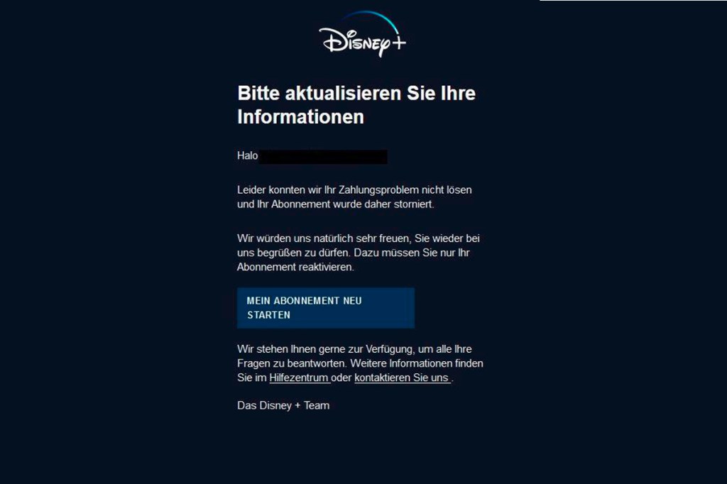 Screenshot der Phishing-Mail von Disney Plus Betrügern.