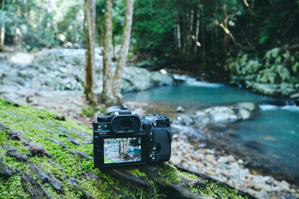 Schwarze fujifilm X-H2 Kamera auf Moos bewachsenem Baumstamm vor Fluss