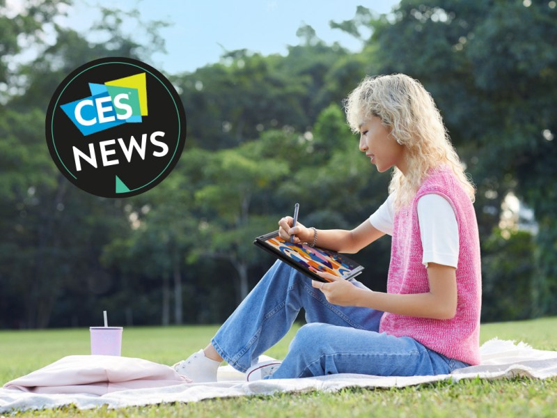 Eine Frau sitzt mit einem Notebook in einem Park.