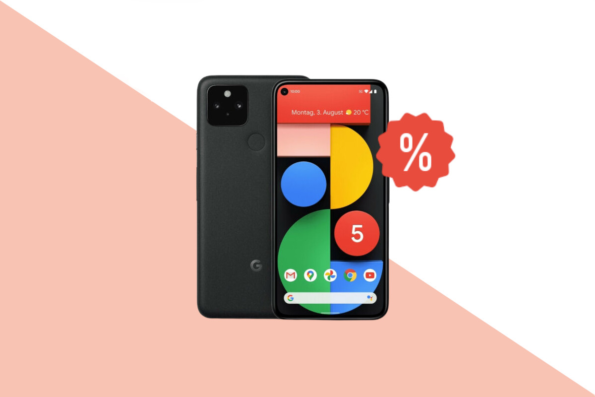 Die Vorder- und Rückseite des Google Pixel 5 aus weiß-aprikosen Hintergrund und einem roten, gezackten Kreis mit einem weißen Prozentzeichen an der rechten Seite des Smartphones.