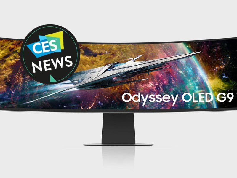 Produktfoto des Samsung OLED G9-Gaming-Monitor vor einem weißen Hintergrund