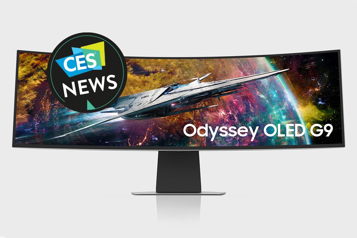 Produktfoto des Samsung OLED G9-Gaming-Monitor vor einem weißen Hintergrund