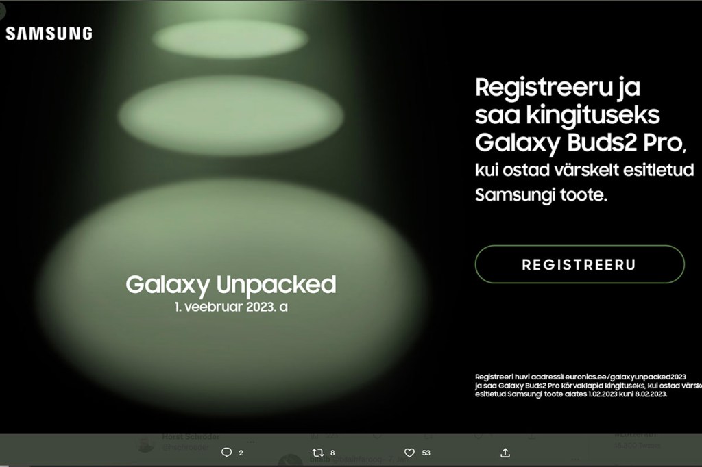Screenshot einer Einladung für Registrierung Unpacked Event für die Vorstellung der Samsung Galaxy S23-Smartphones