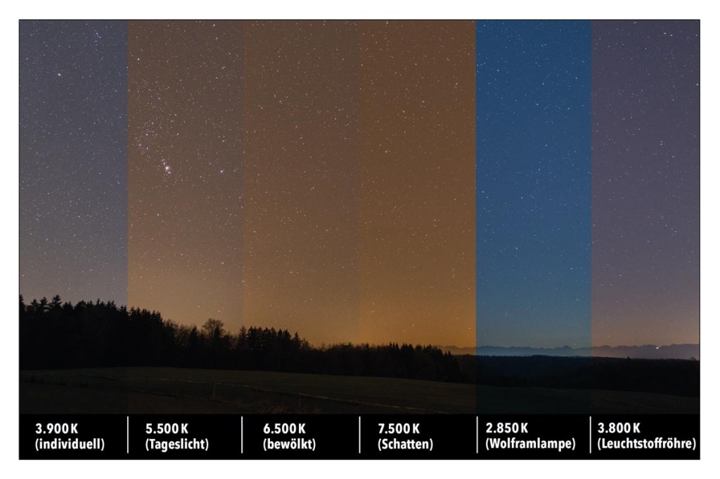 Sechs verschiedene Nachtaufnahmen, die unterschiedliche Farbtemperaturen anzeigen.