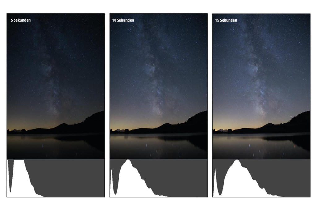 Drei Bilder von einem Nachthimmel mit Sternen und einer Landschaft mit See, die jeweils unterschiedlich belichtet wurden.