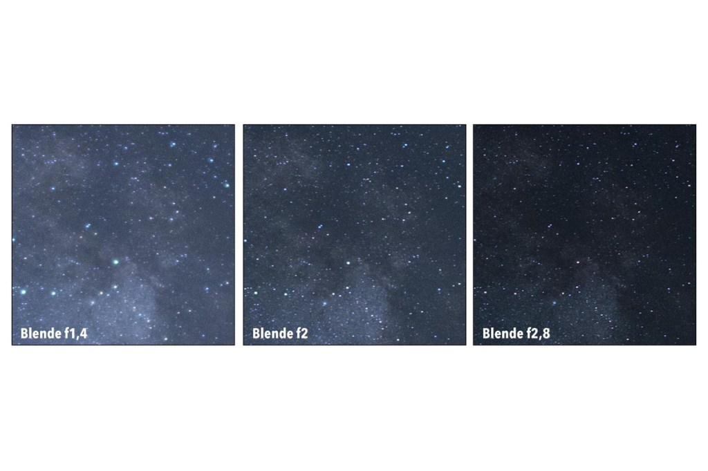 Drei Bilder vom Sternenhimmel bei Nacht in unterschiedlicher Blenden-Einstellung.