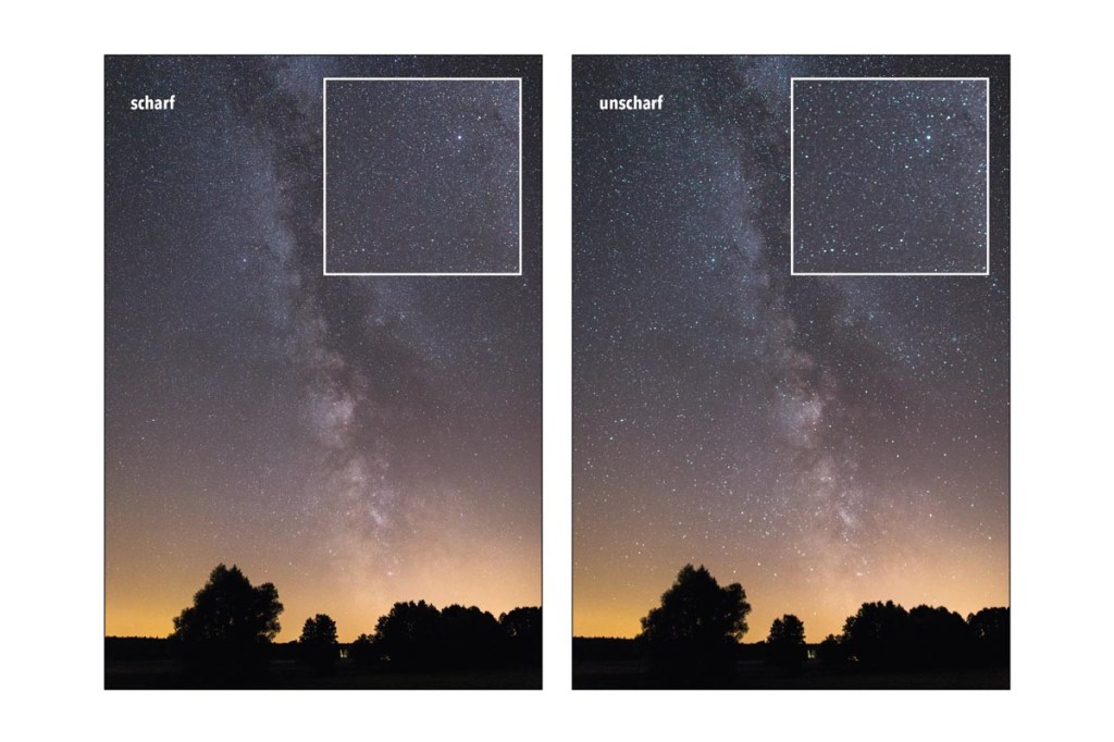 Zwei identische Bilder, die den nächtlichen Sternenhimmel fotografieren, bei dem das rechte Bild unscharfe, und das linke Bild scharf geknipste Sterne abbildet.