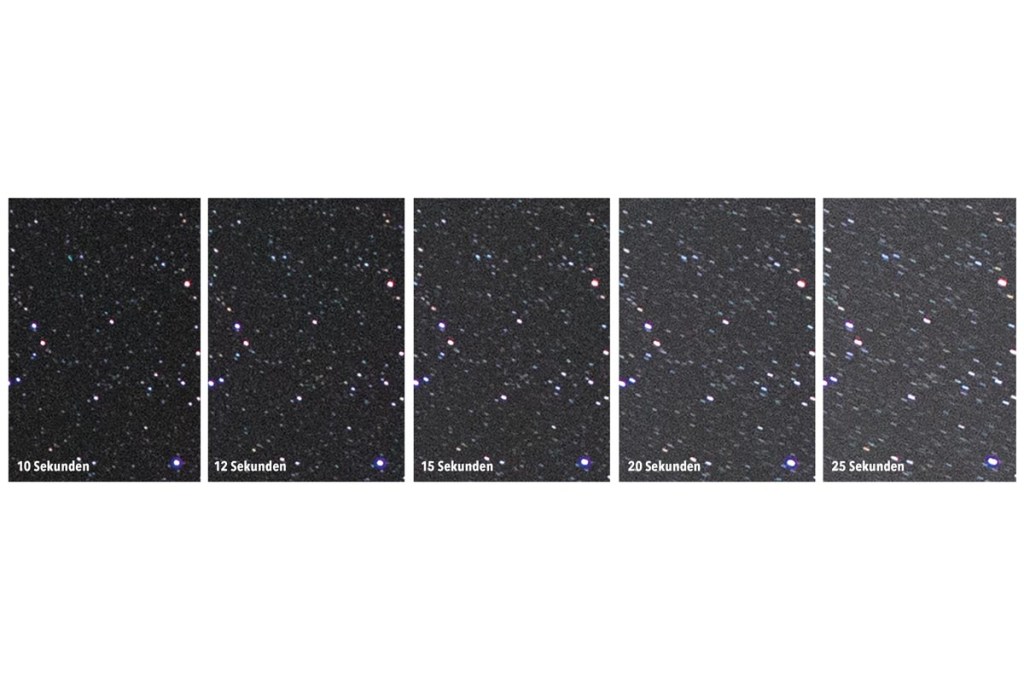Fünf Vergleichsbilder des gleichen Sternenhimmels mit unterschiedlicher Belichtungszeit.