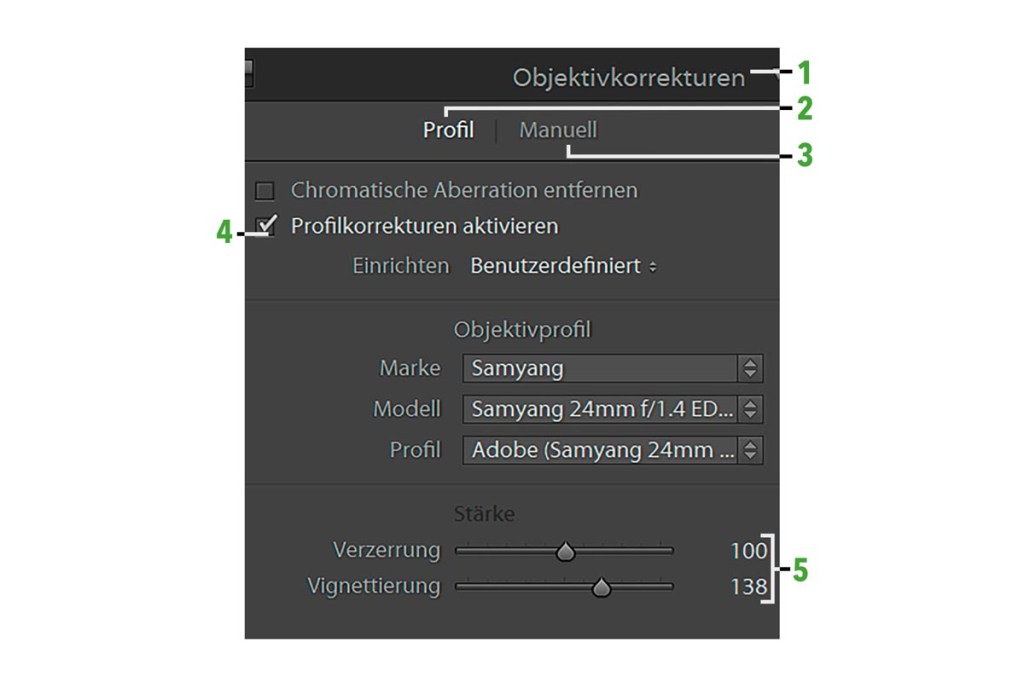 Ein Screenshot der Einstellungen der Objektivkorrekturen von Lightroom. 