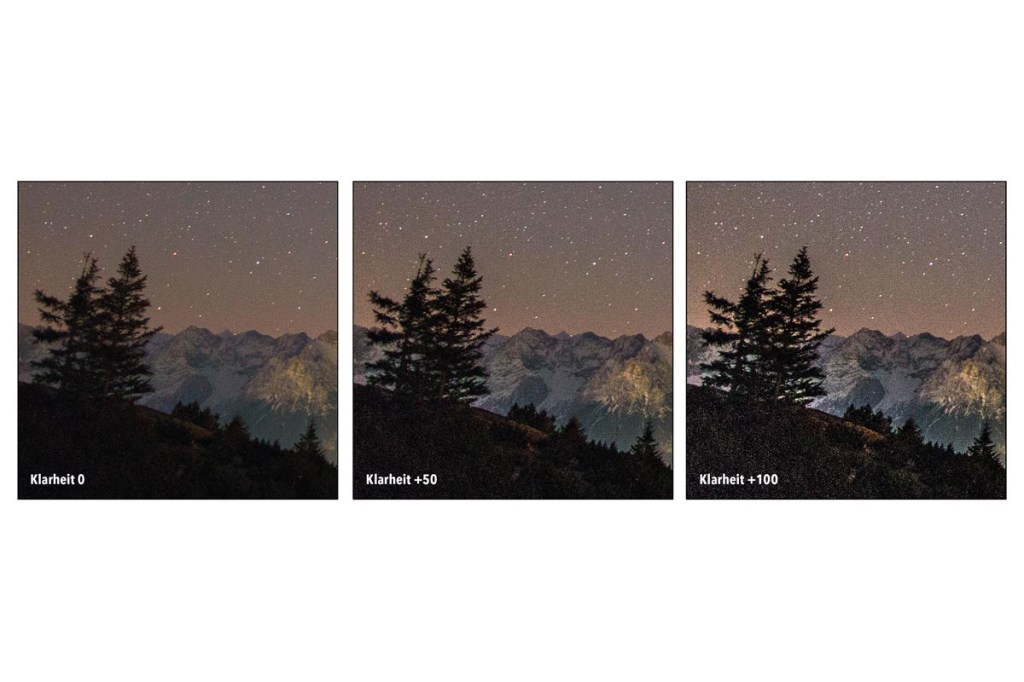 Drei Bilder die einen Sternenhimmel über Berge und einer Landschaft aufzeigen. Die Bilder sind jeweils in unterschiedlichen Klarheitseinstellungen abgebildet.