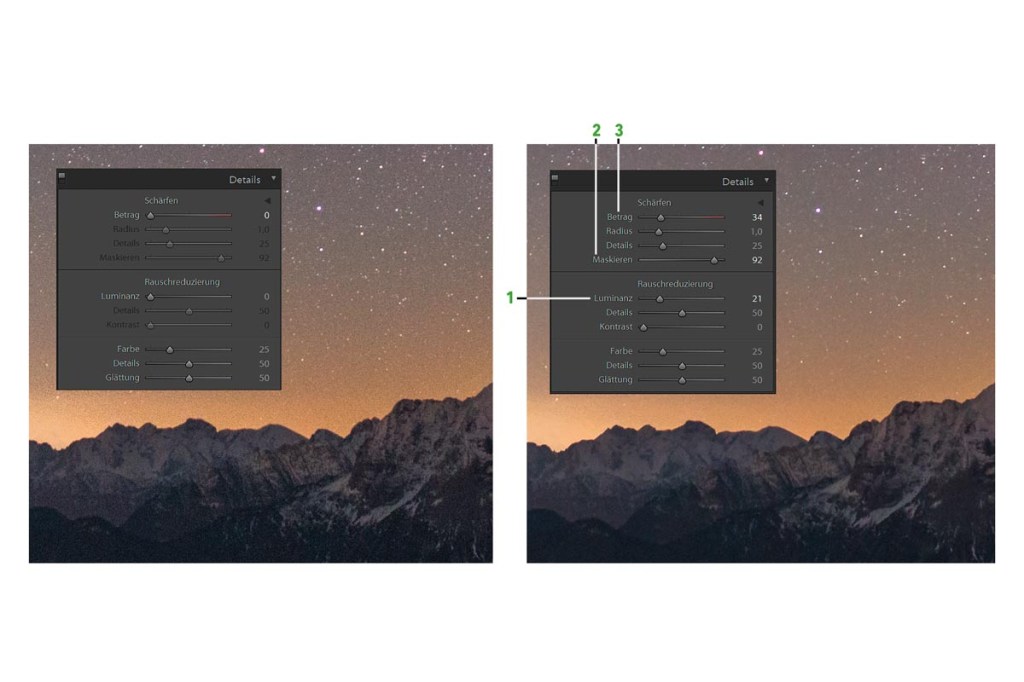 Zwei identische Bilder, die einen morgendlichen Sternenhimmel anzeigen und weiße Berge zu sehen sind. Darauf ist in der Ecke links eine grauen Schaltfläche auf mit der Einstellung Details. 