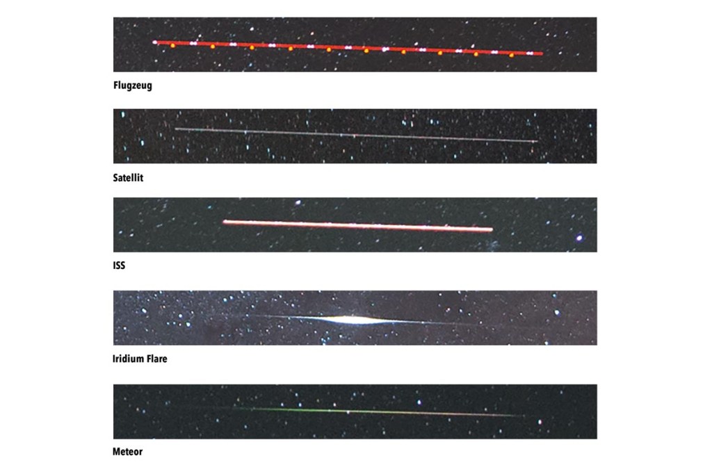Fünf unterschiedliche Sternenbilder untereinander aufgereiht auf denen verteilt Flugzeug-, Satellit-, ISS-, Iridium Flare-, und Meteorspuren zu sehen sind.