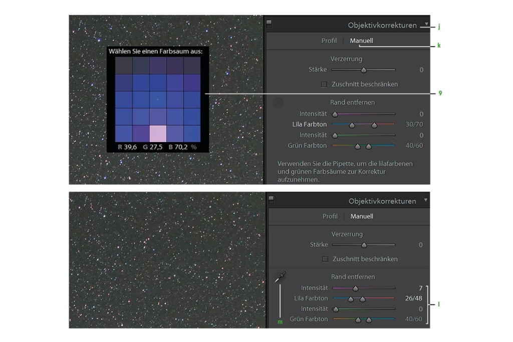 Ein Screenshot zeigt die Einstellung der Objektivkorrekturen des Programms Lightroom an 